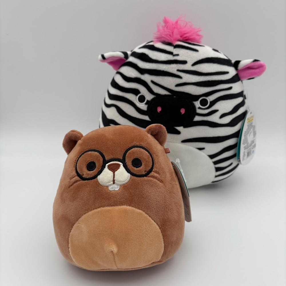 Two Original Squishmallows Plush Chip the Beaver/Tracey the Zebra (with tags)